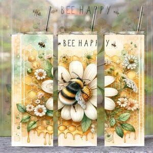 Handmade Bee Happy Tumbler New 20oz Skinny With Lid And Reusable Straw